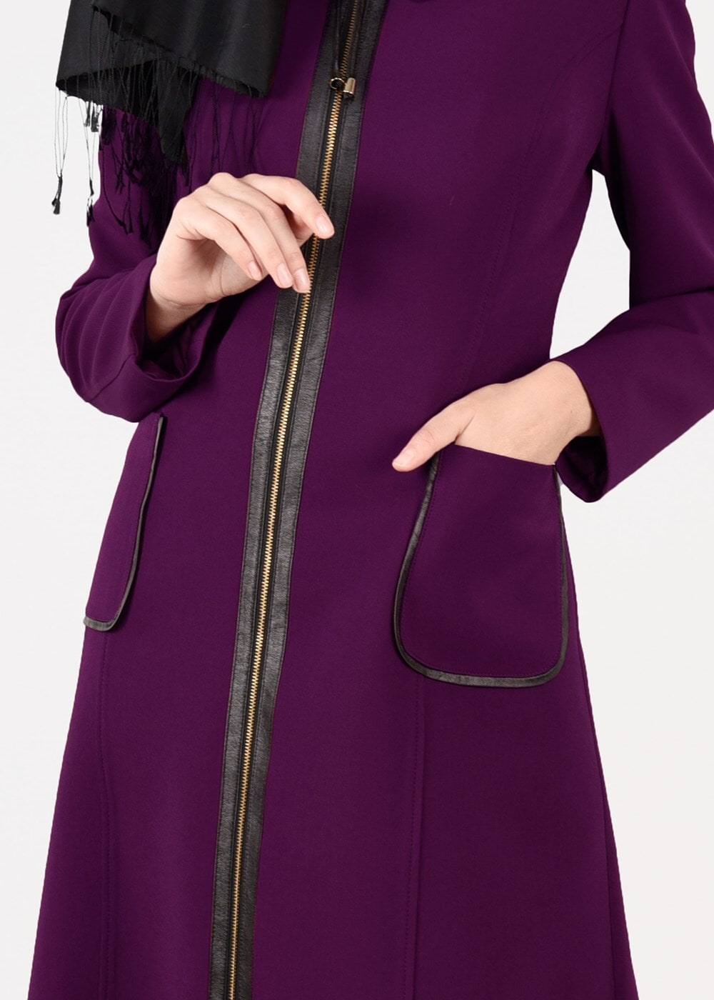 Tesettür giyim MOR BİYE DETAYLI YAKASI BAĞCIKLI TRENÇKOT 1871