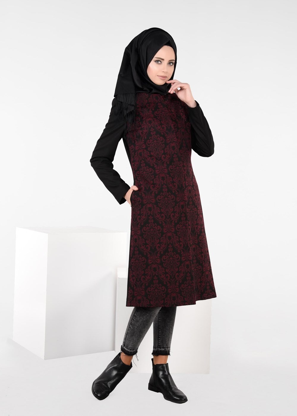Tesettür giyim MÜRDÜM YAKASI BAĞCIKLI JAKARLI TRENÇKOT 1886
