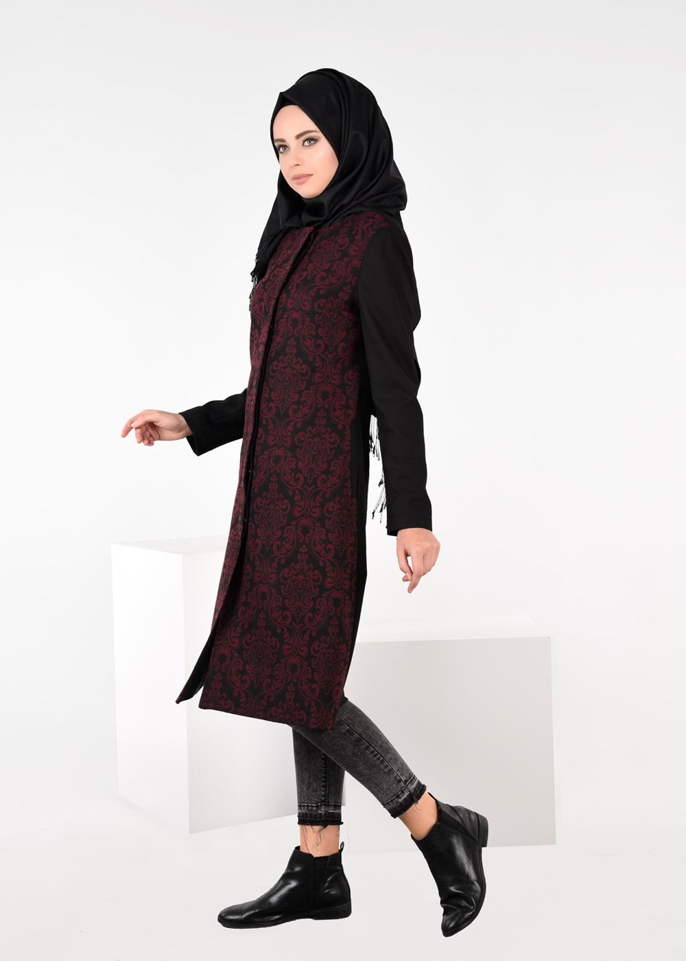 Tesettür giyim MÜRDÜM YAKASI BAĞCIKLI JAKARLI TRENÇKOT 1886