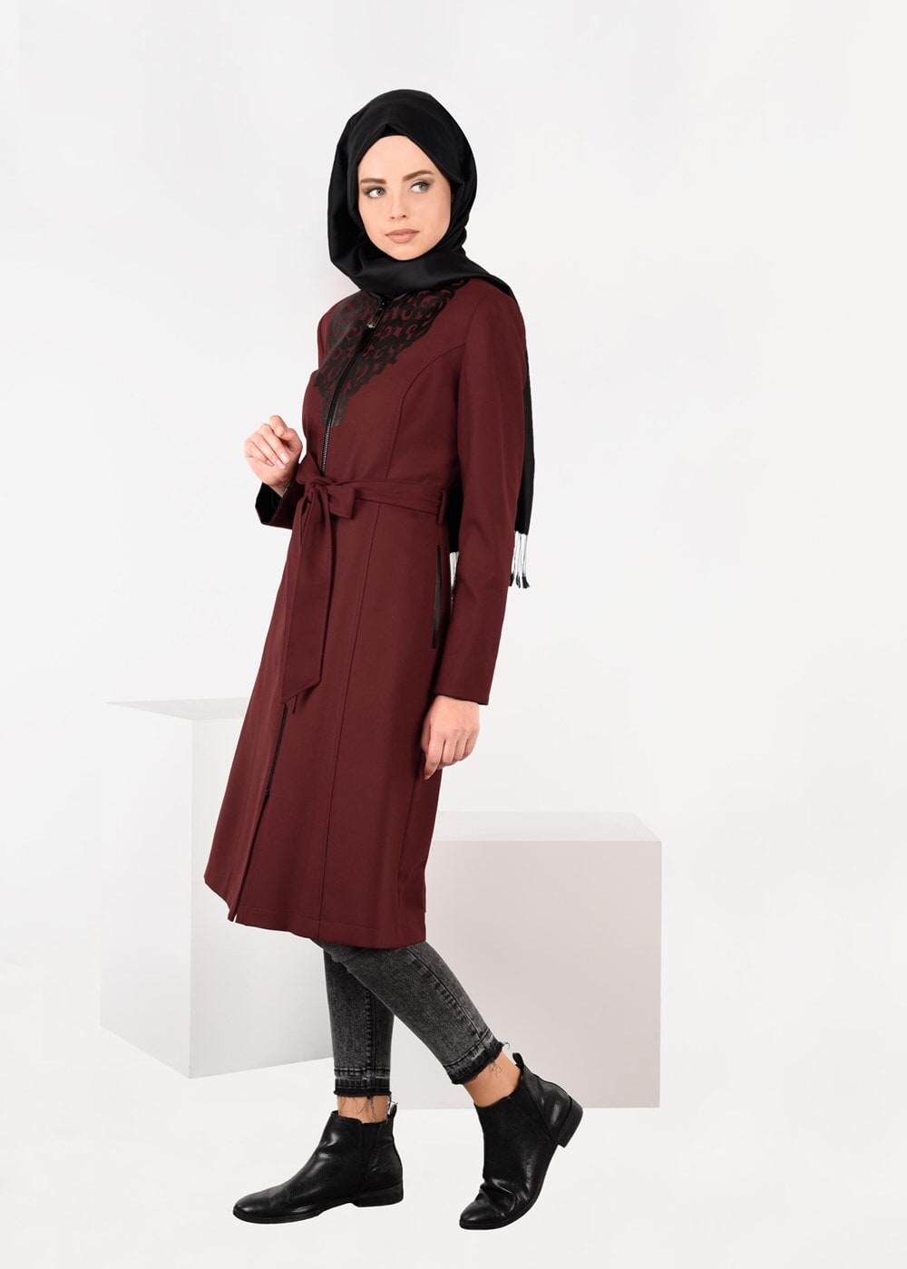 Tesettür giyim KAHVE YAKASI DETAYLI FERMUARLI TRENÇKOT 1902 