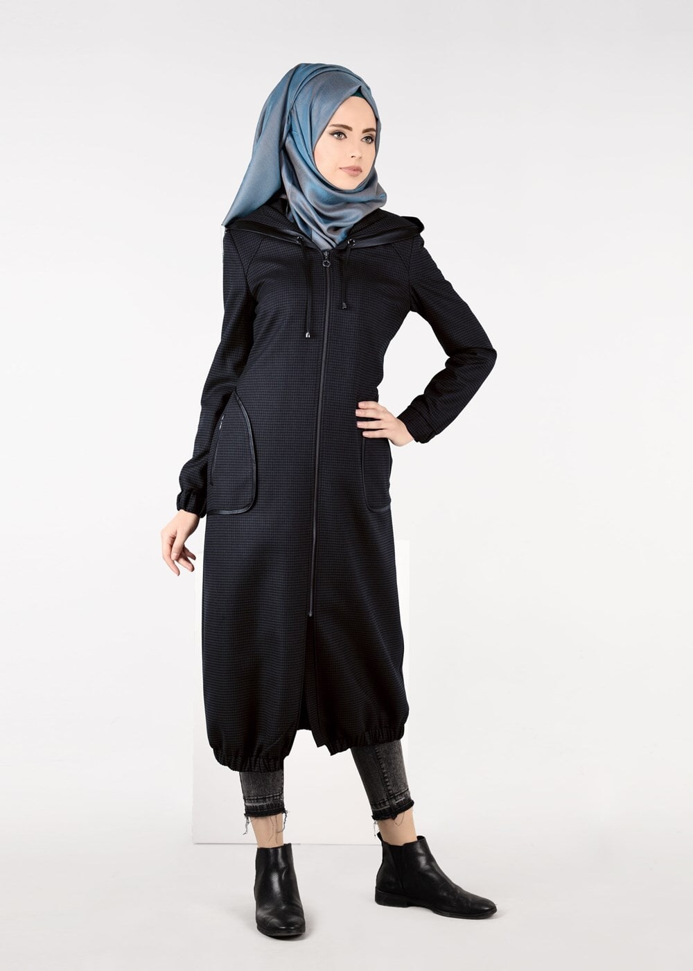 Tesettür giyim KAHVE ETEK UCU LASTİKLİ PÖTİKARE TRENÇKOT 1915 