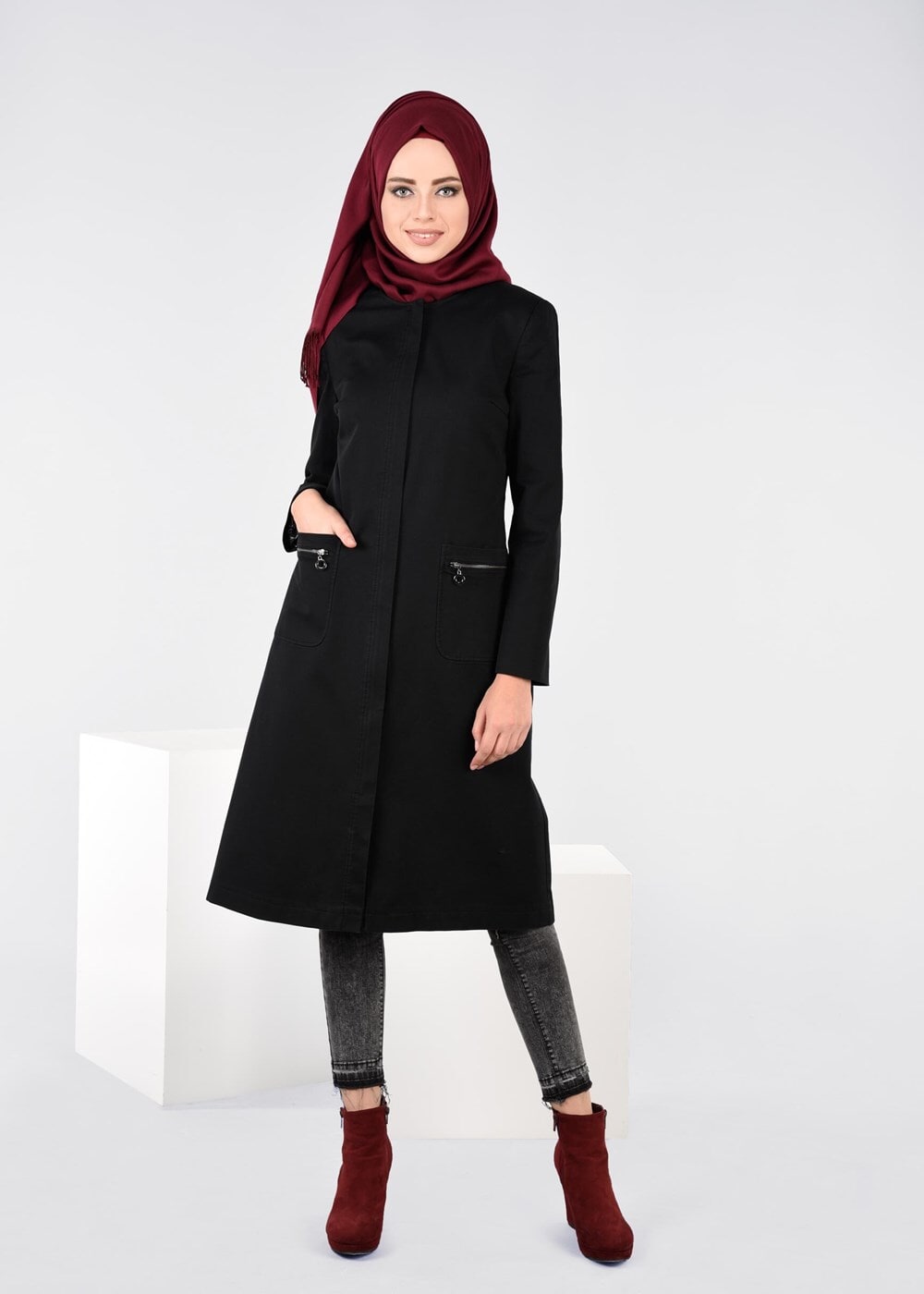 Tesettür giyim SİYAH CEP DETAYLI TRENÇKOT 1917 3473-1 