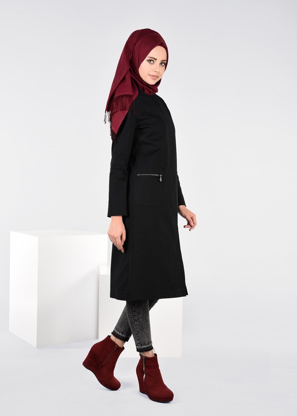 Tesettür giyim SİYAH CEP DETAYLI TRENÇKOT 1917 3473-1 