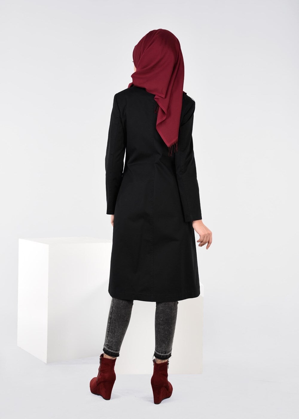 Tesettür giyim SİYAH CEP DETAYLI TRENÇKOT 1917 3473-1 