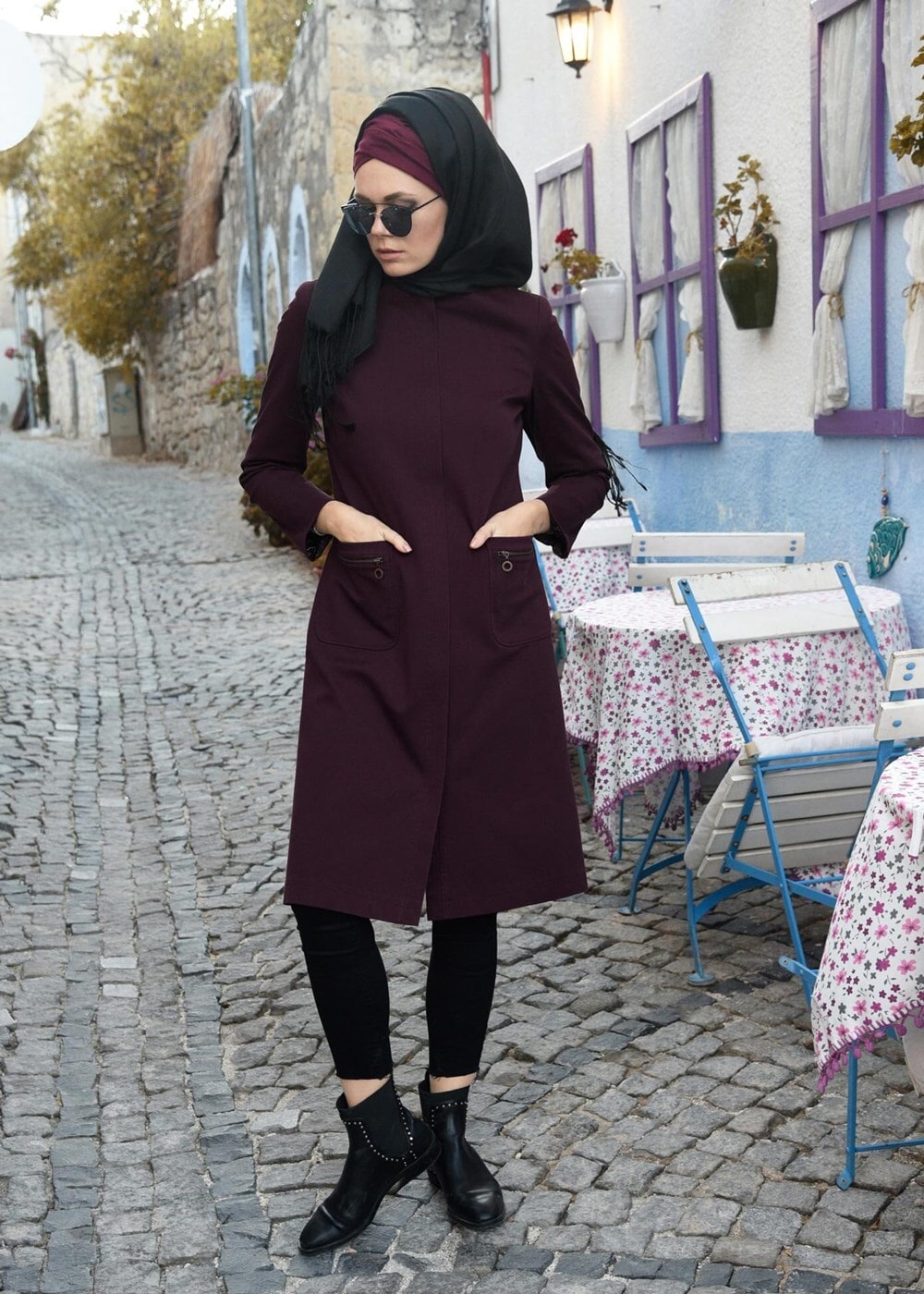 Tesettür giyim BORDO CEP DETAYLI TRENÇKOT 1917 3473-1 