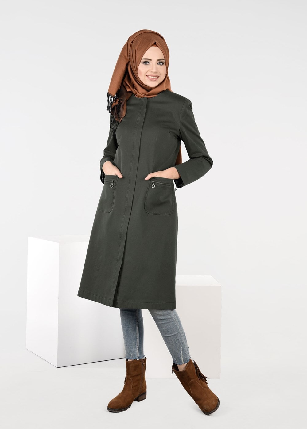 Tesettür giyim HAKİ CEP DETAYLI TRENÇKOT 1917 3473-1 