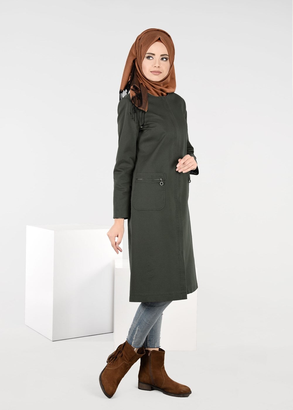Tesettür giyim HAKİ CEP DETAYLI TRENÇKOT 1917 3473-1 
