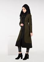 Tesettür giyim HAKİ ZİKZAK DESENLİ FERMUARLI TRENÇKOT 1919 