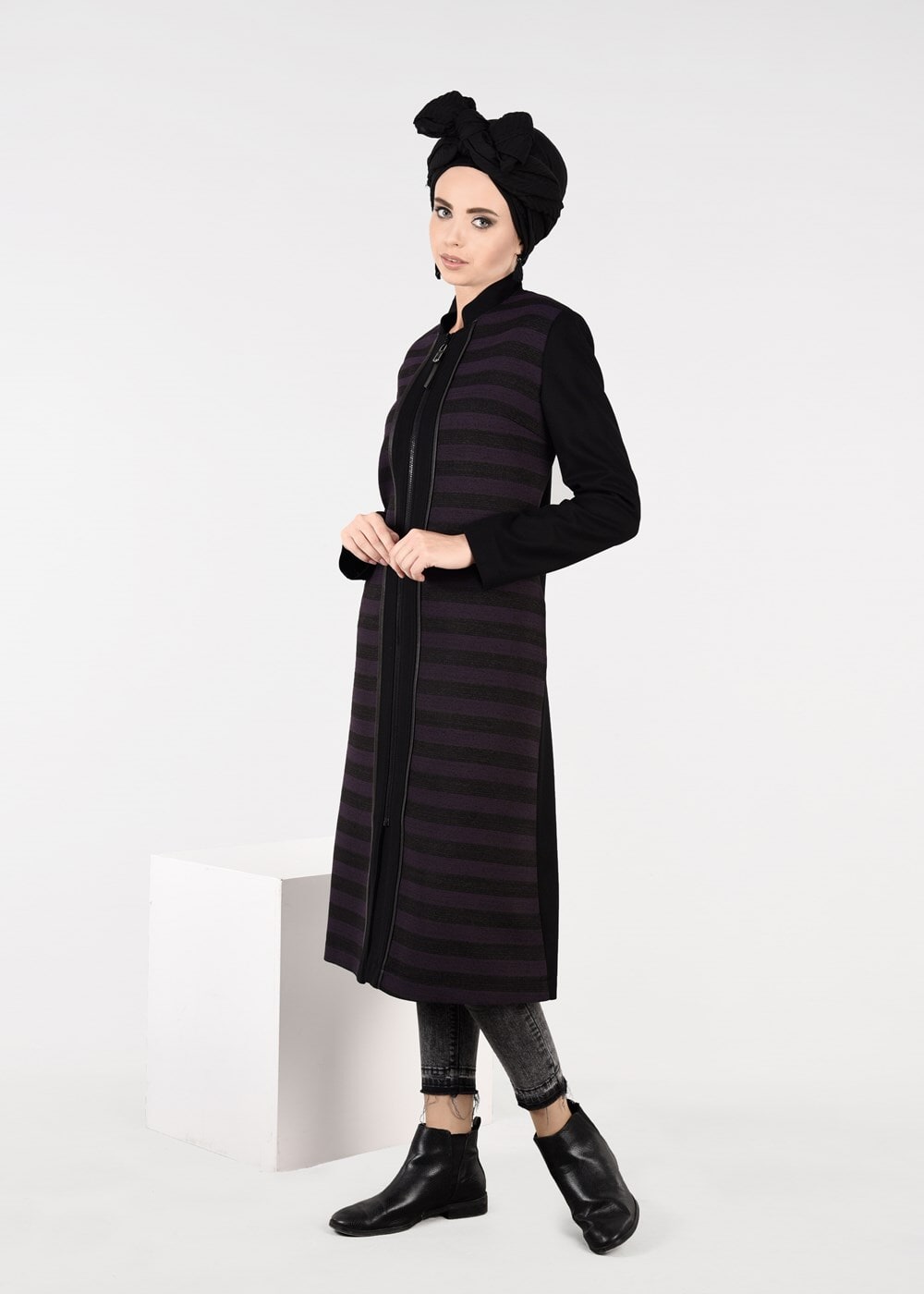 Tesettür giyim MOR ÇİZGİLİ TRENÇKOT 1936