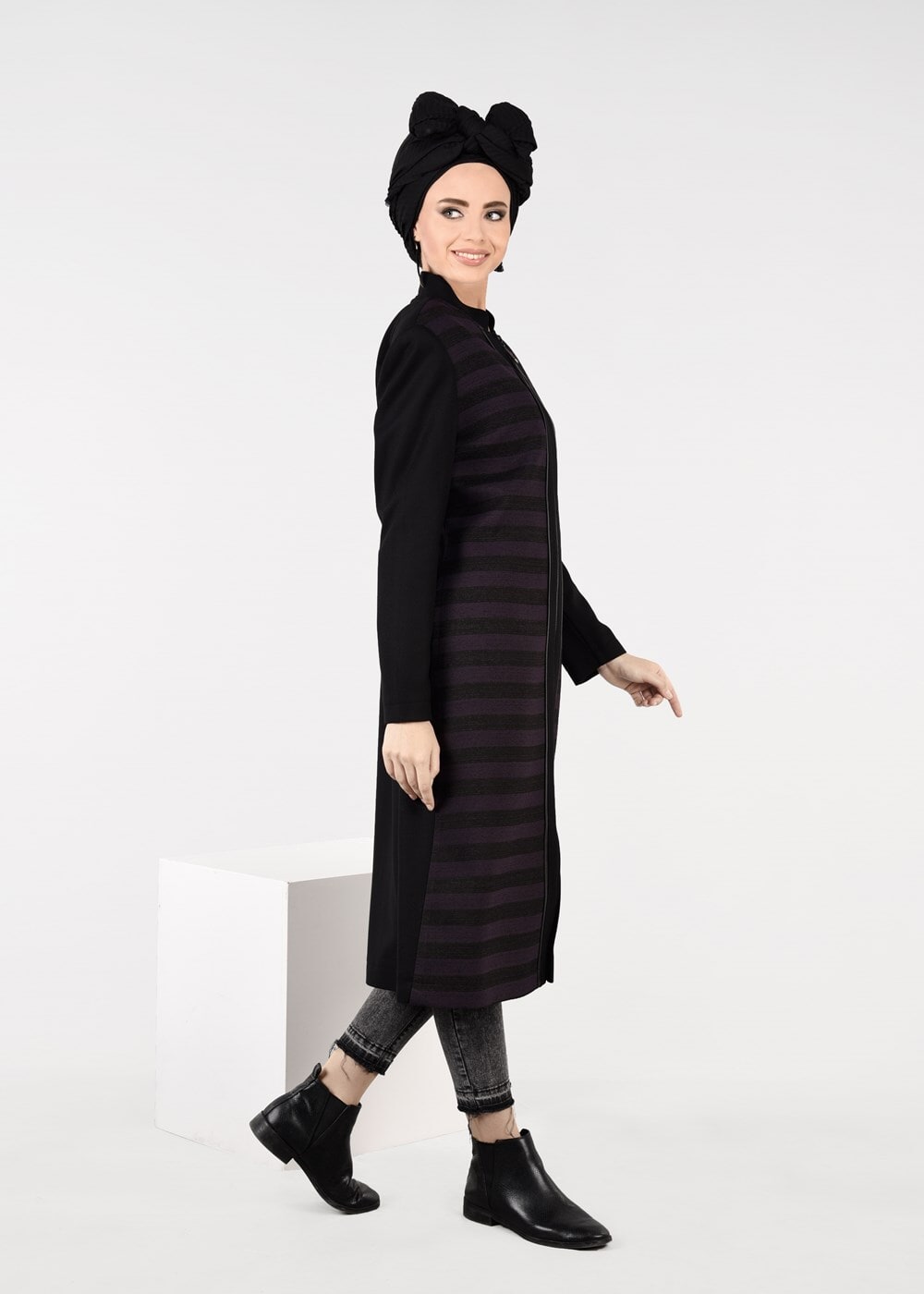 Tesettür giyim MOR ÇİZGİLİ TRENÇKOT 1936