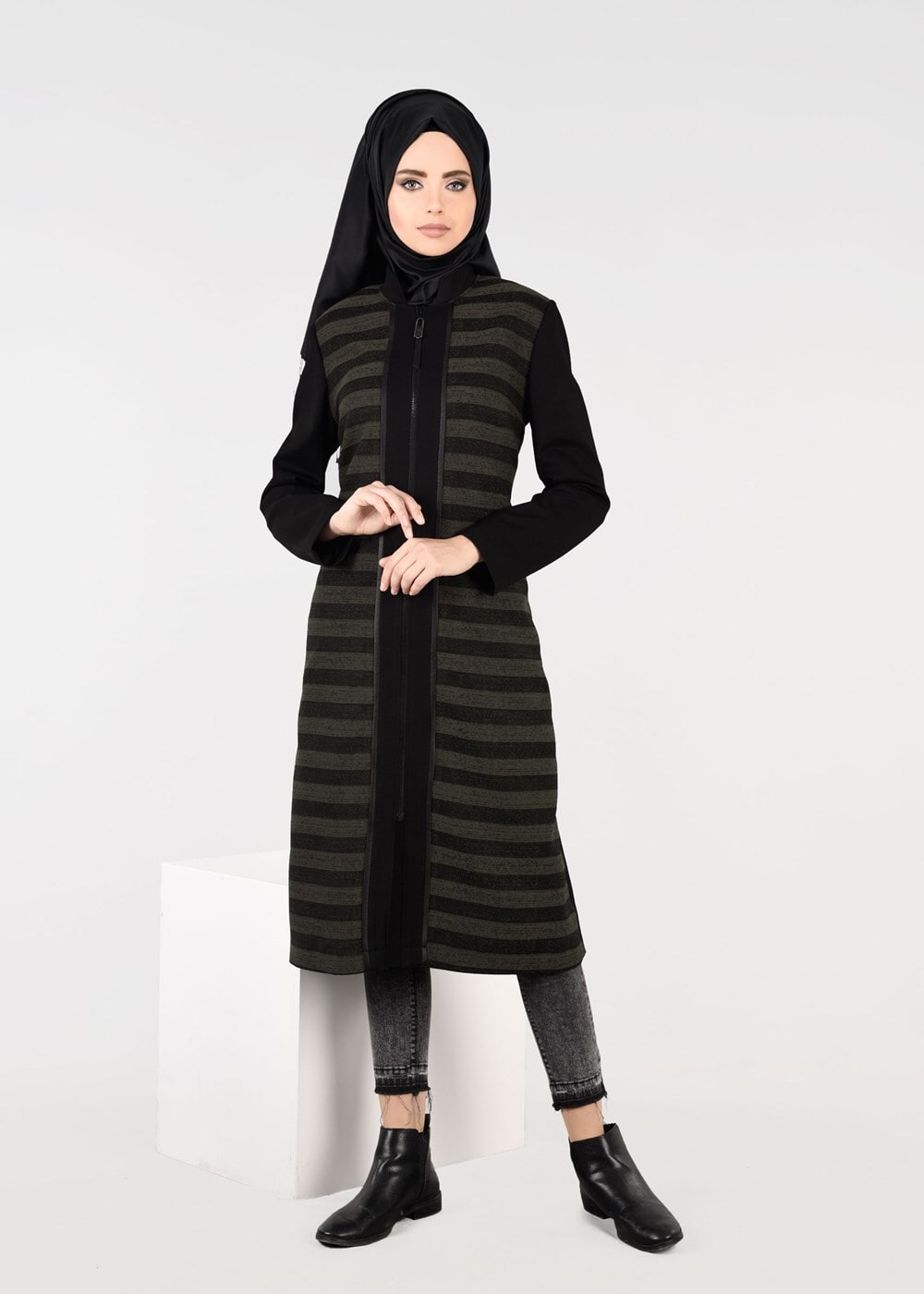 Tesettür giyim HAKİ ÇİZGİLİ TRENÇKOT 1936
