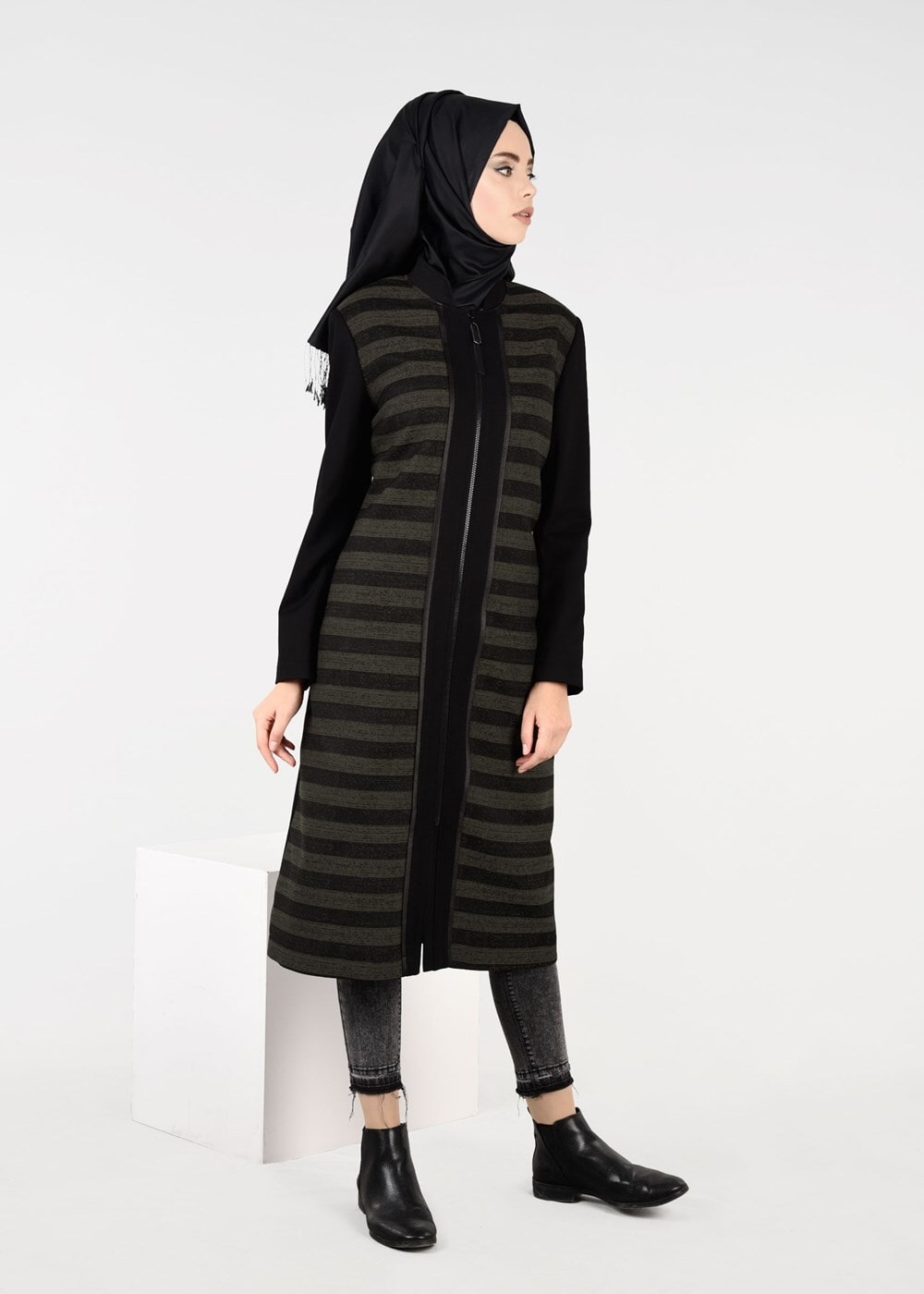 Tesettür giyim HAKİ ÇİZGİLİ TRENÇKOT 1936