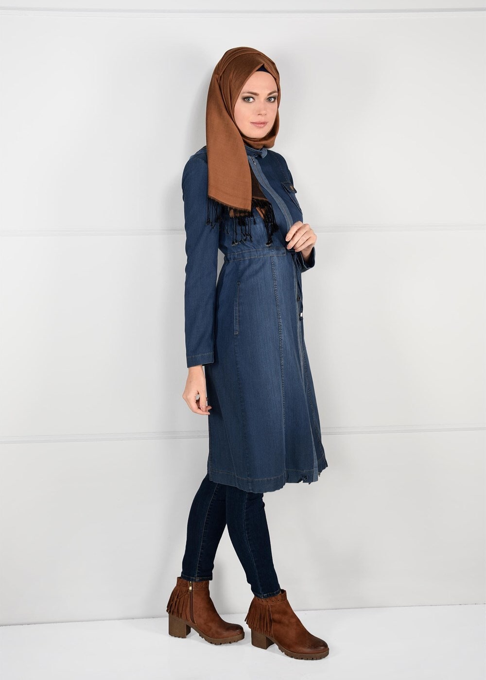 Tesettür giyim LACİVERT KAPÜŞONLU BELİ BAĞCIKLI DENİM TRENÇKOT 1943 