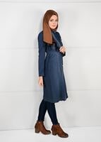 Tesettür giyim LACİVERT KAPÜŞONLU BELİ BAĞCIKLI DENİM TRENÇKOT 1943 