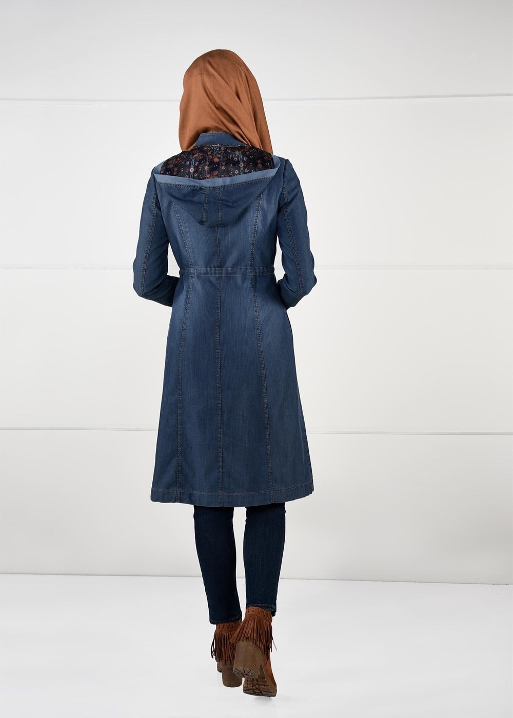 Tesettür giyim LACİVERT KAPÜŞONLU BELİ BAĞCIKLI DENİM TRENÇKOT 1943 