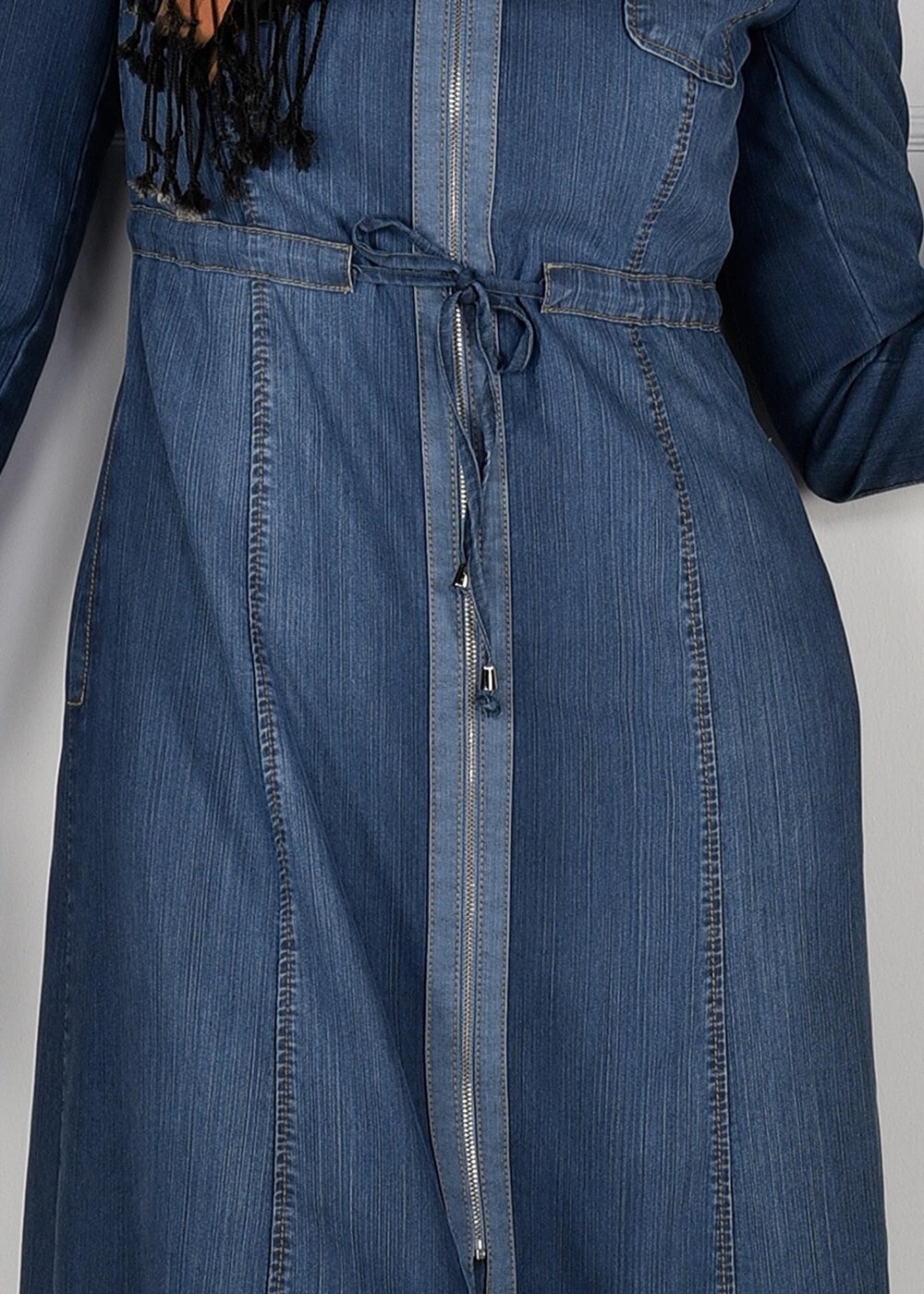 Tesettür giyim LACİVERT KAPÜŞONLU BELİ BAĞCIKLI DENİM TRENÇKOT 1943 