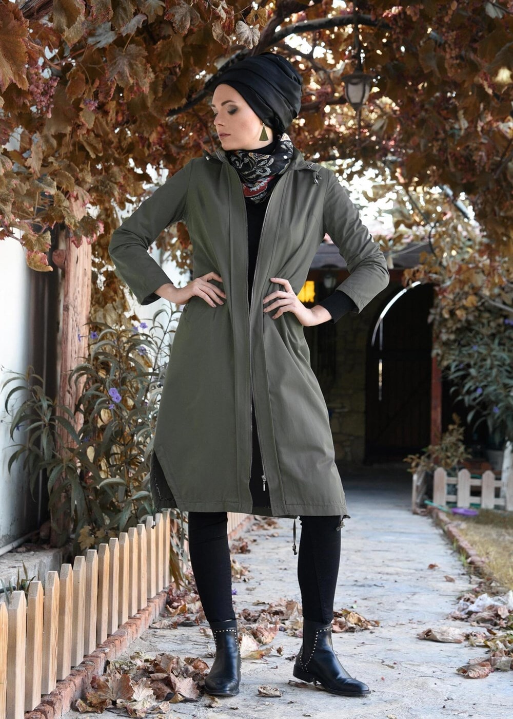 Tesettür giyim HAKİ KAPÜŞONLU TRENÇKOT 1952