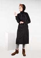 Tesettür giyim SİYAH LEOPAR DESENİ BAĞCIKLI TRENÇKOT 1953