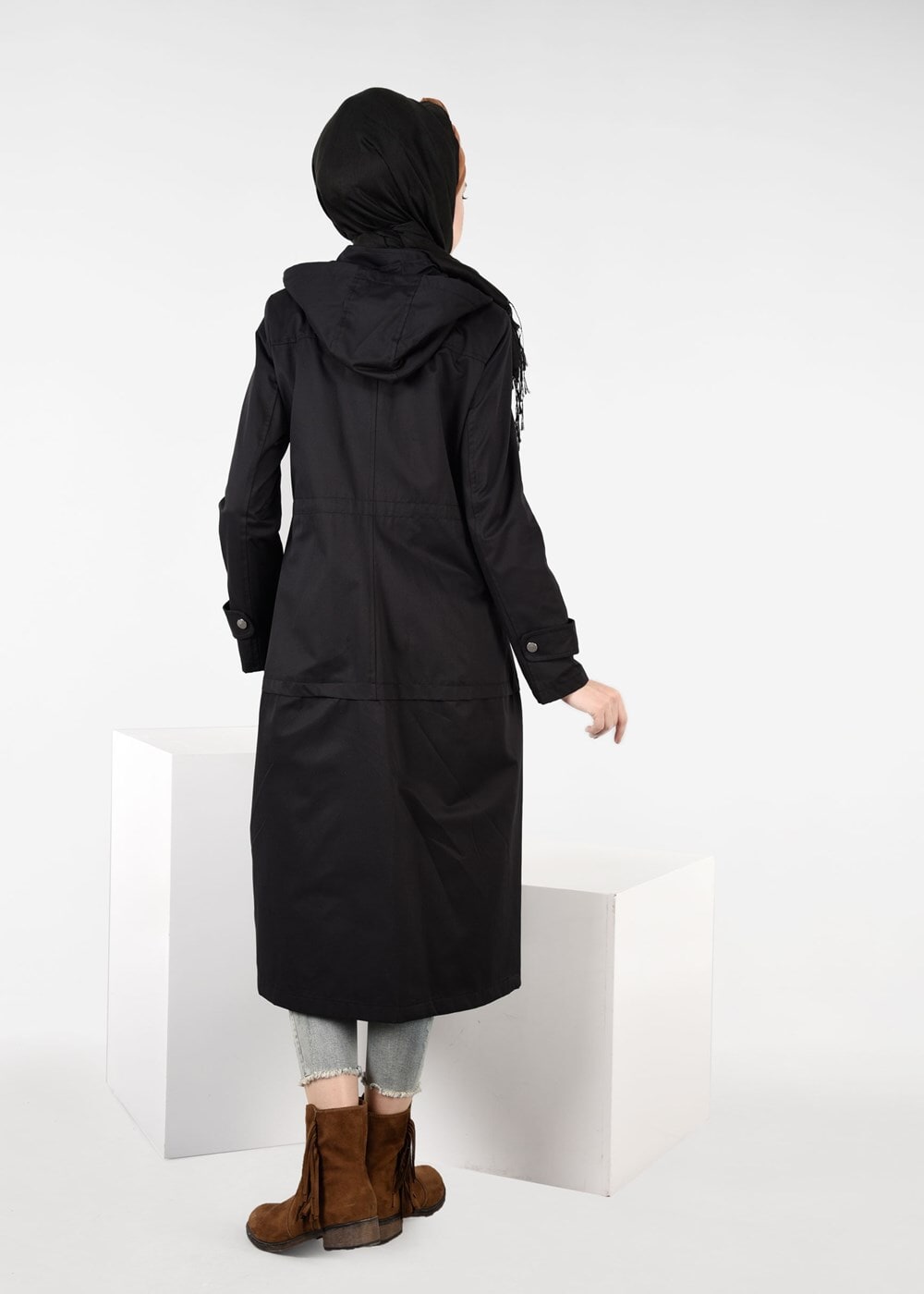 Tesettür giyim SİYAH LEOPAR DESENİ BAĞCIKLI TRENÇKOT 1953