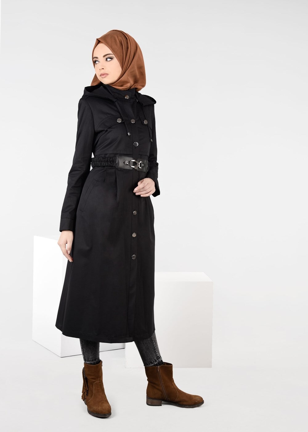 Tesettür giyim SİYAH KEMER DETAYLI TRENÇKOT 1954