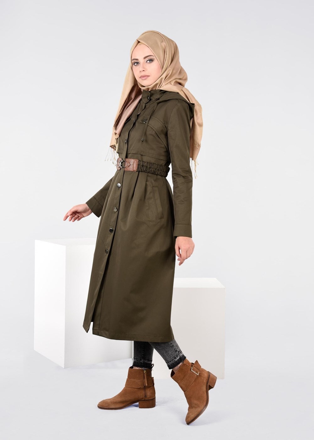 Tesettür giyim HAKİ KEMER DETAYLI TRENÇKOT 1954