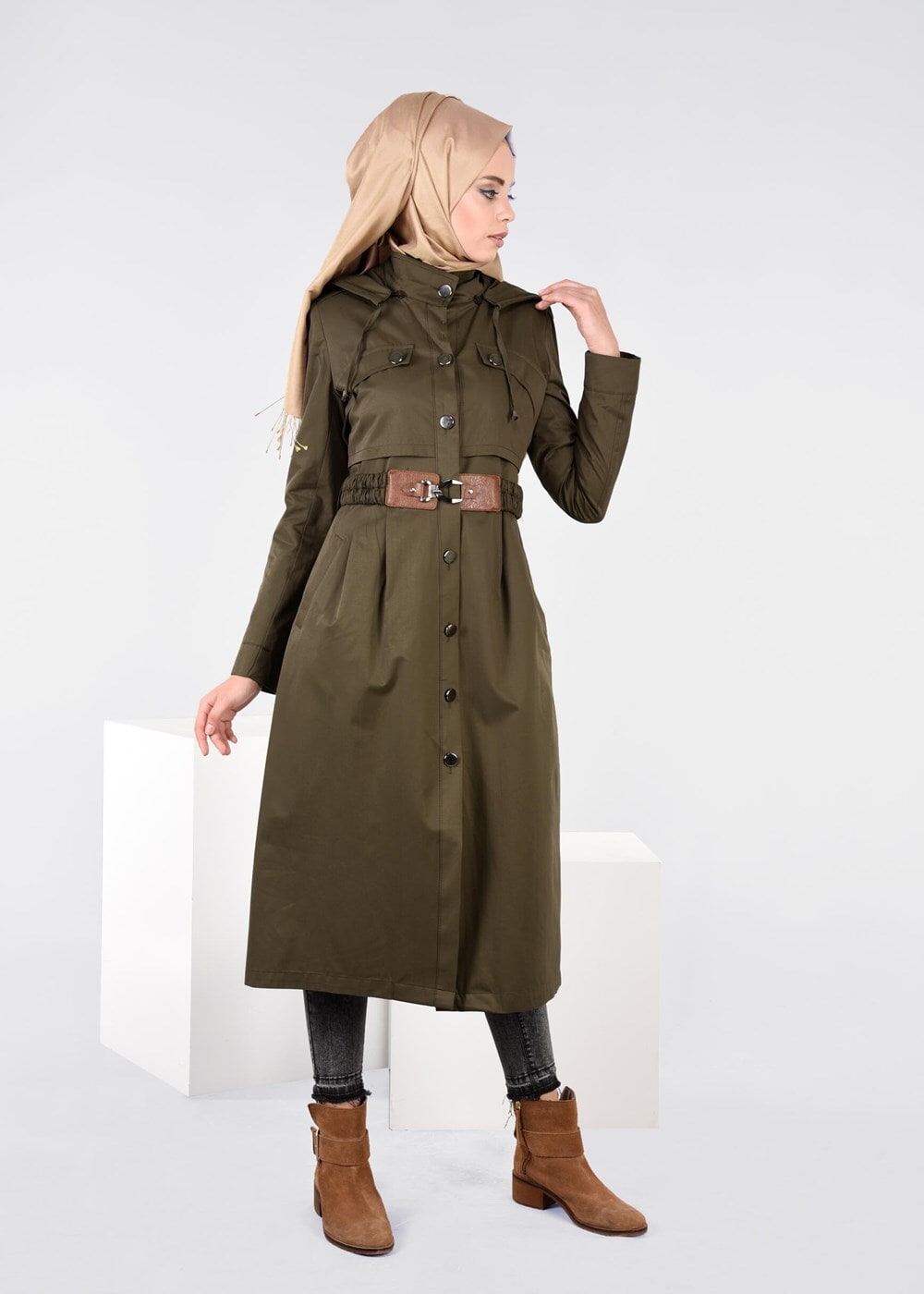 Tesettür giyim HAKİ KEMER DETAYLI TRENÇKOT 1954