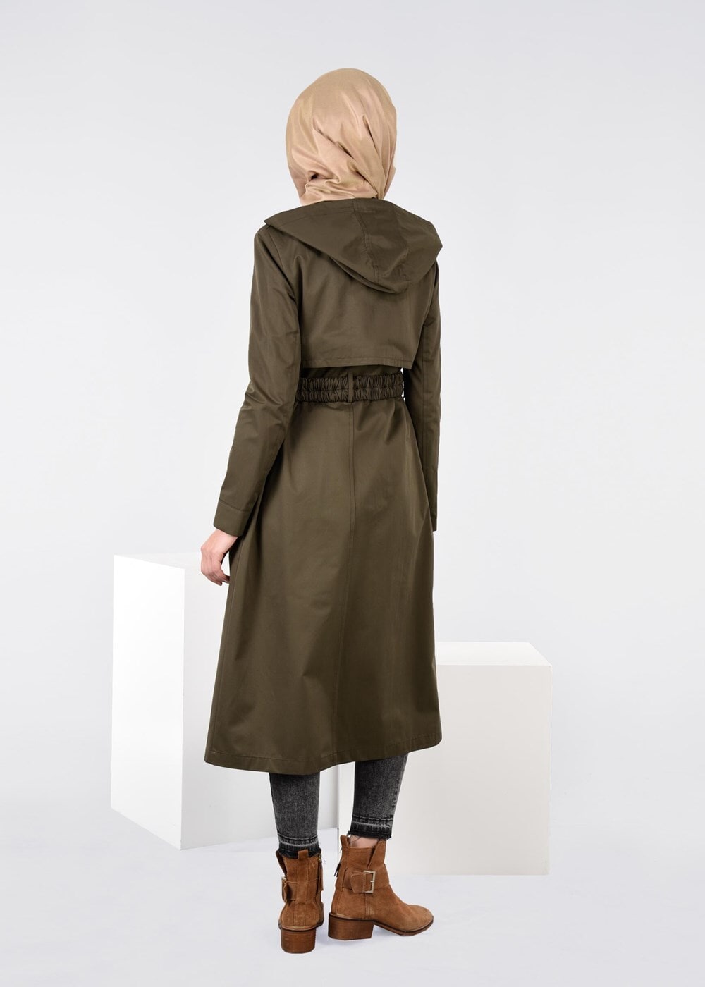 Tesettür giyim HAKİ KEMER DETAYLI TRENÇKOT 1954