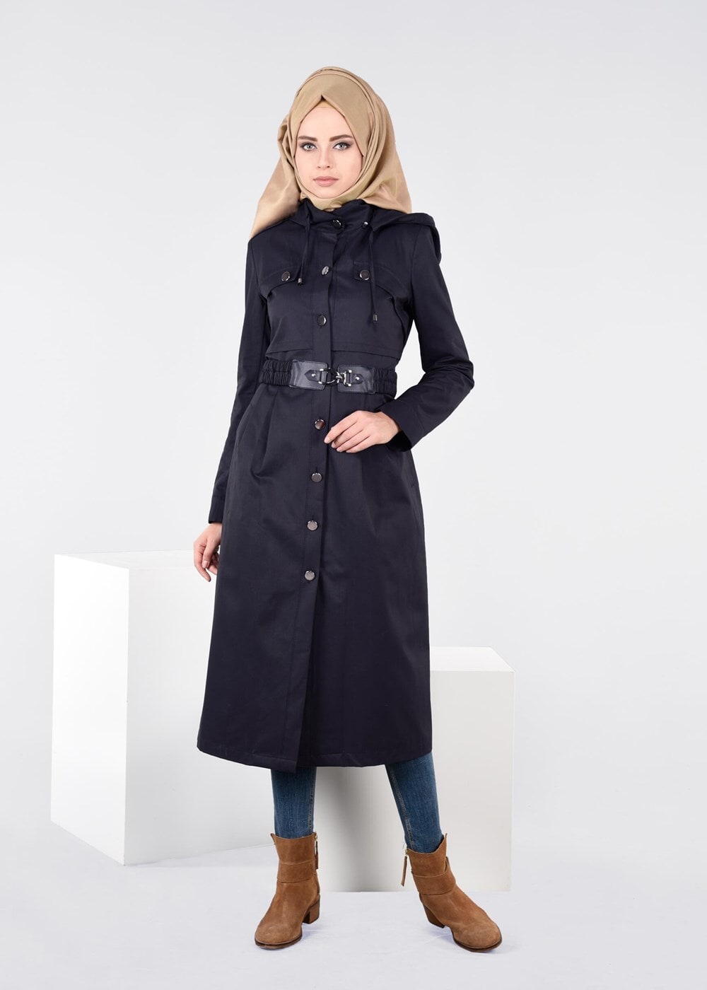 Tesettür giyim LACİVERT KEMER DETAYLI TRENÇKOT 1954