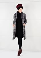 Tesettür giyim BORDO KUŞAKLI EKOSE TRENÇKOT 4948 