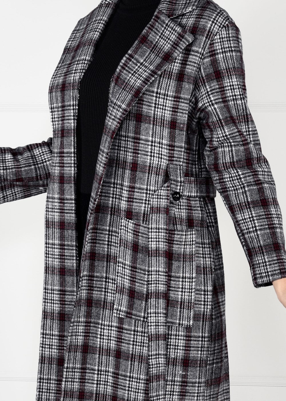 Tesettür giyim BORDO KUŞAKLI EKOSE TRENÇKOT 4948 