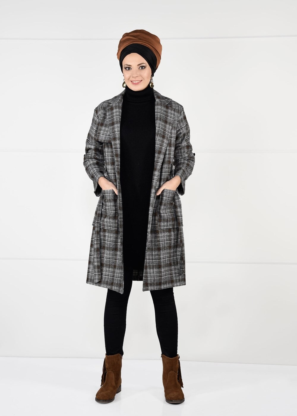 Tesettür giyim TABA KUŞAKLI EKOSE TRENÇKOT 4948 