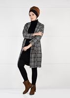 Tesettür giyim TABA KUŞAKLI EKOSE TRENÇKOT 4948 