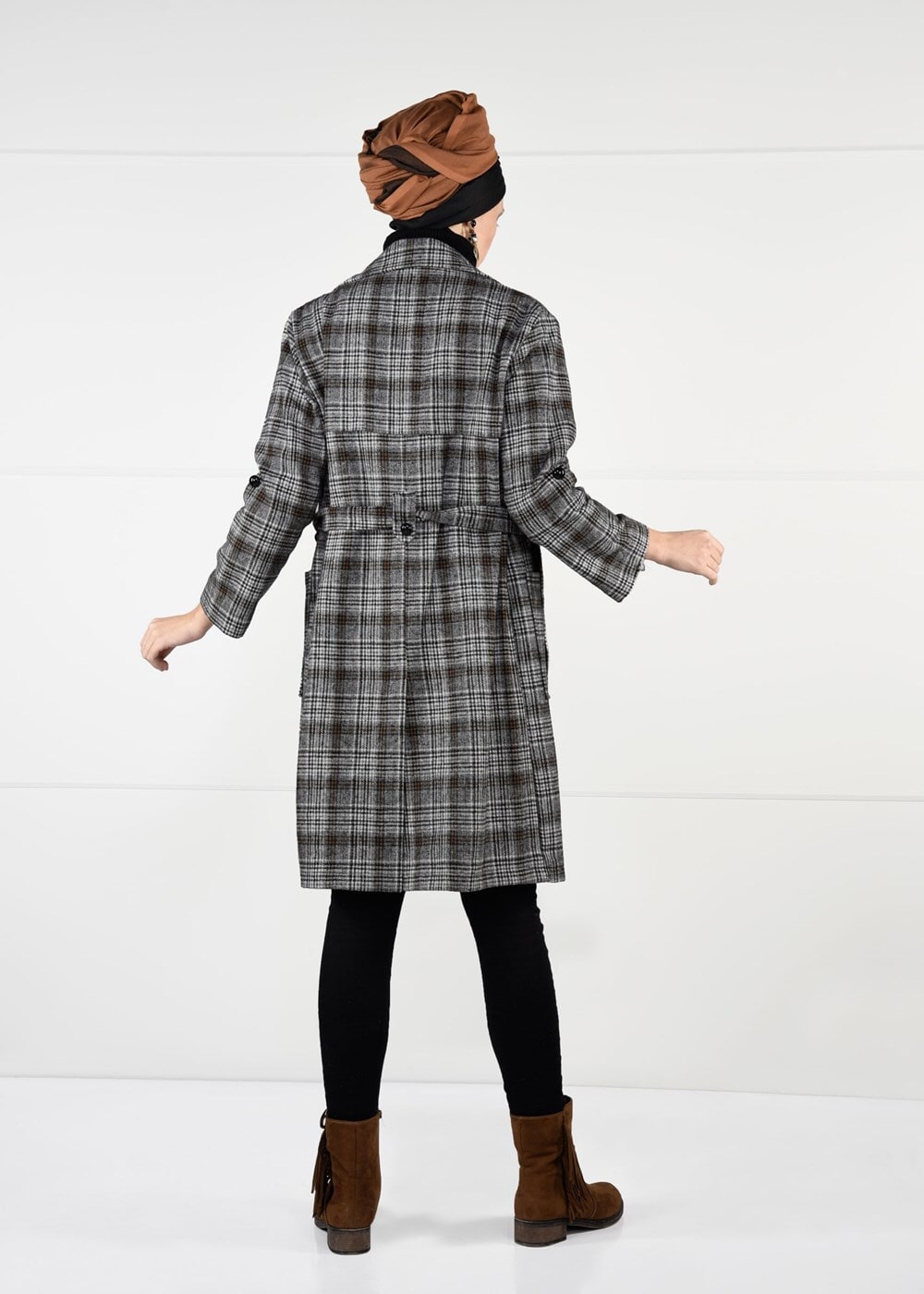 Tesettür giyim TABA KUŞAKLI EKOSE TRENÇKOT 4948 