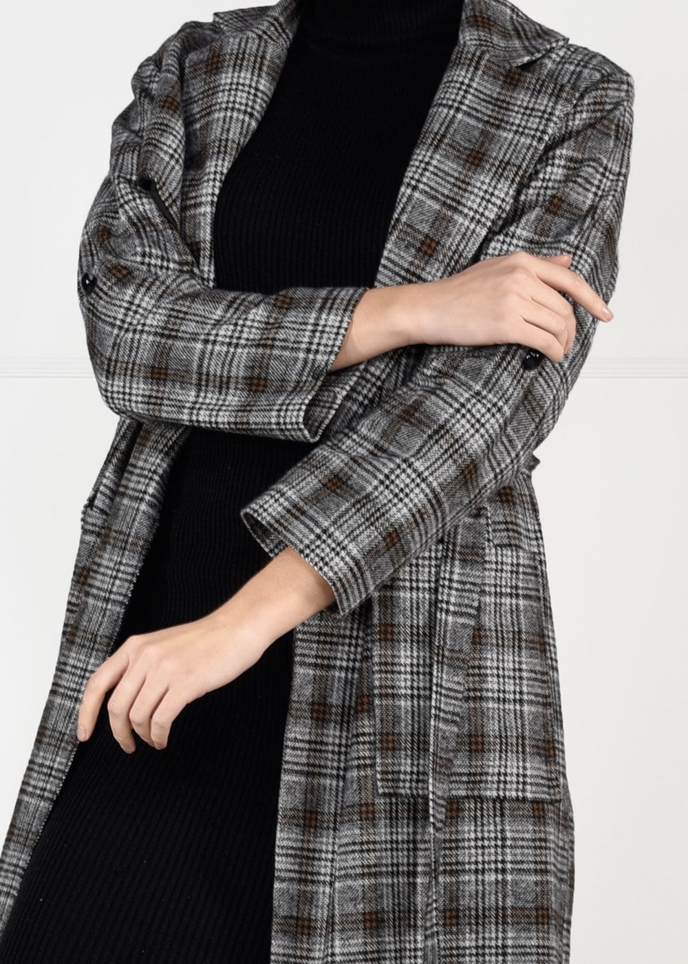 Tesettür giyim TABA KUŞAKLI EKOSE TRENÇKOT 4948 