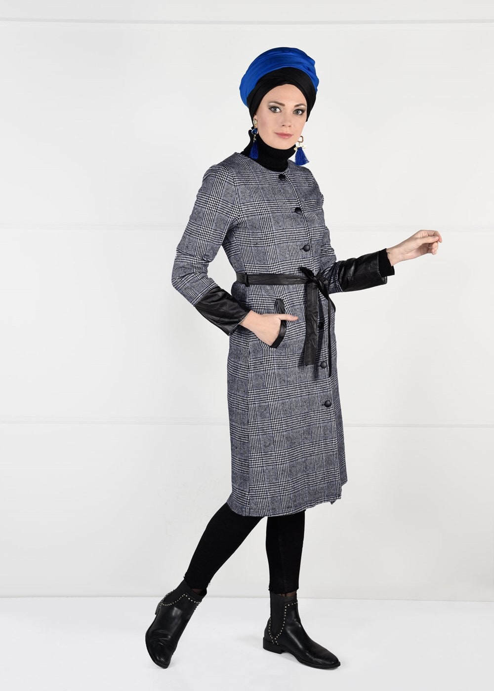 Tesettür giyim LACİVERT KUŞAKLI EKOSE TRENÇKOT 5058 