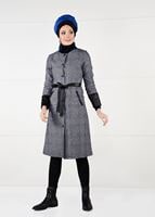 Tesettür giyim LACİVERT KUŞAKLI EKOSE TRENÇKOT 5058 