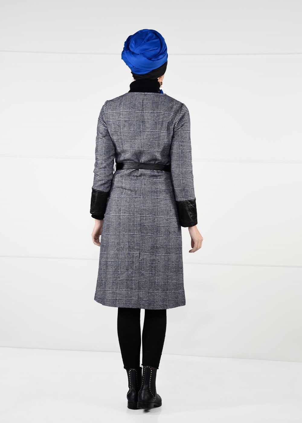 Tesettür giyim LACİVERT KUŞAKLI EKOSE TRENÇKOT 5058 