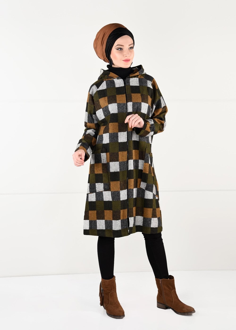 Tesettür giyim TURUNCU ÇOK RENKLİ KARELİ TRENÇKOT 5451