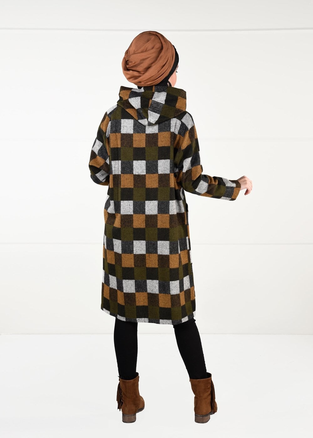 Tesettür giyim TURUNCU ÇOK RENKLİ KARELİ TRENÇKOT 5451