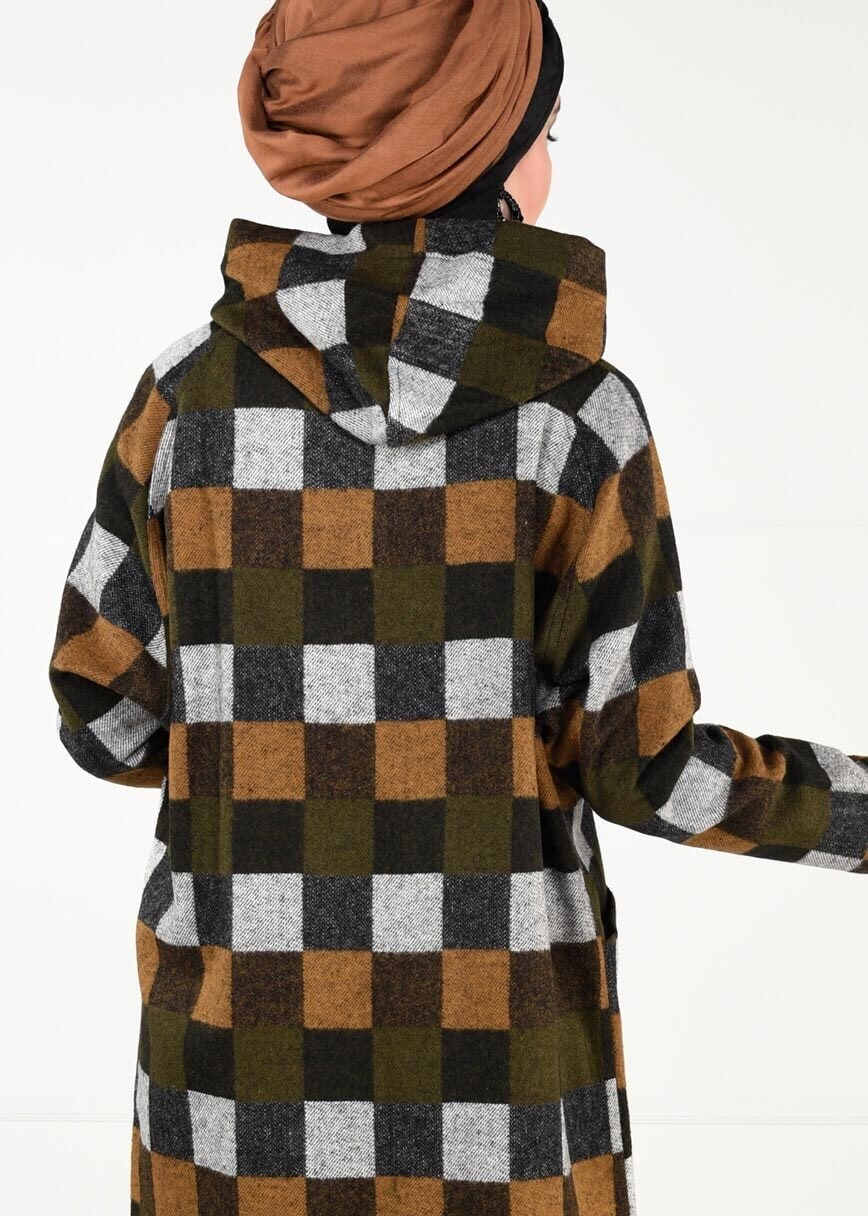 Tesettür giyim TURUNCU ÇOK RENKLİ KARELİ TRENÇKOT 5451