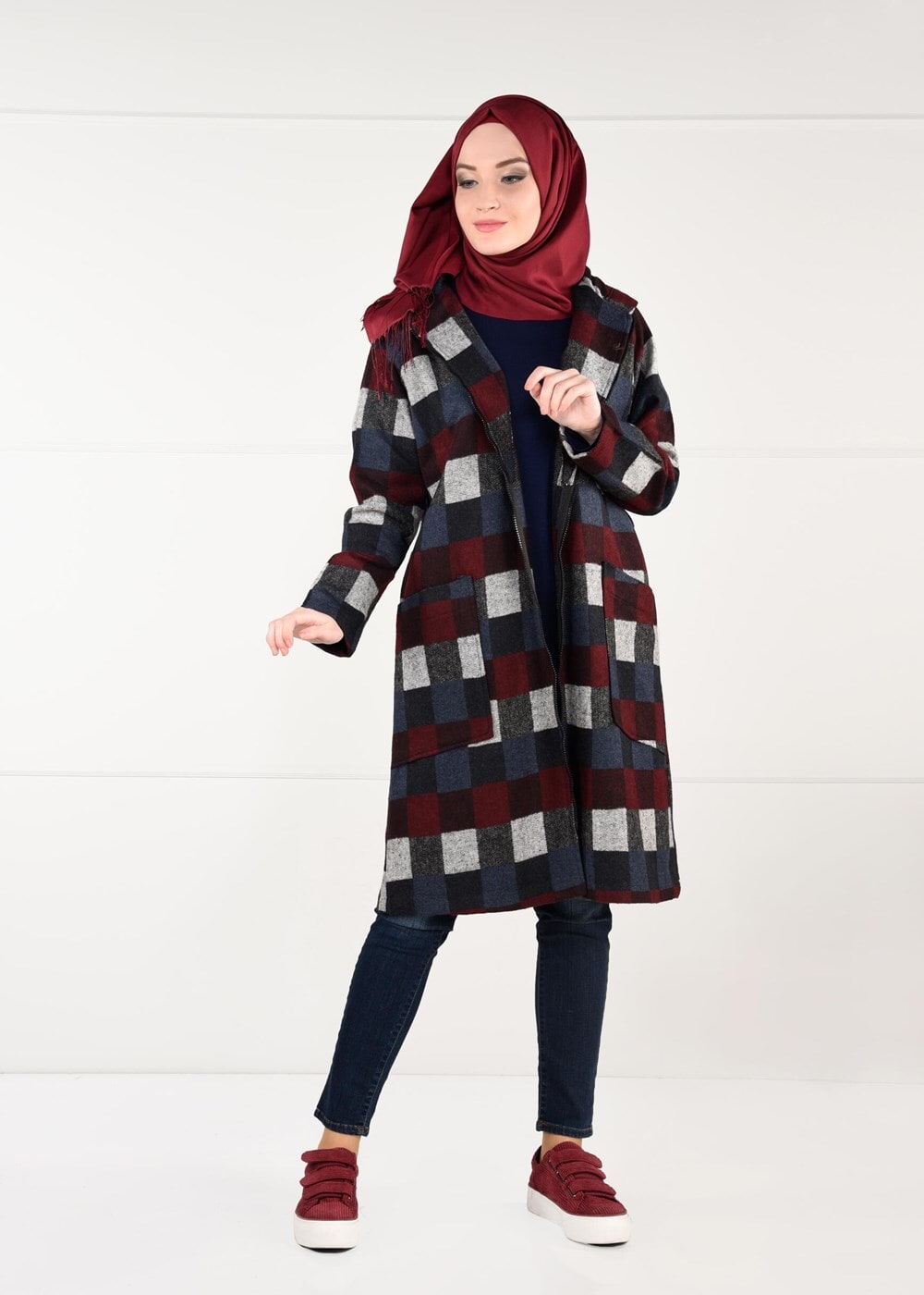 Tesettür giyim LACİVERT ÇOK RENKLİ KARELİ TRENÇKOT 5451