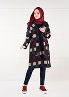 Tesettür giyim LACİVERT ÇOK RENKLİ KARELİ TRENÇKOT 5451