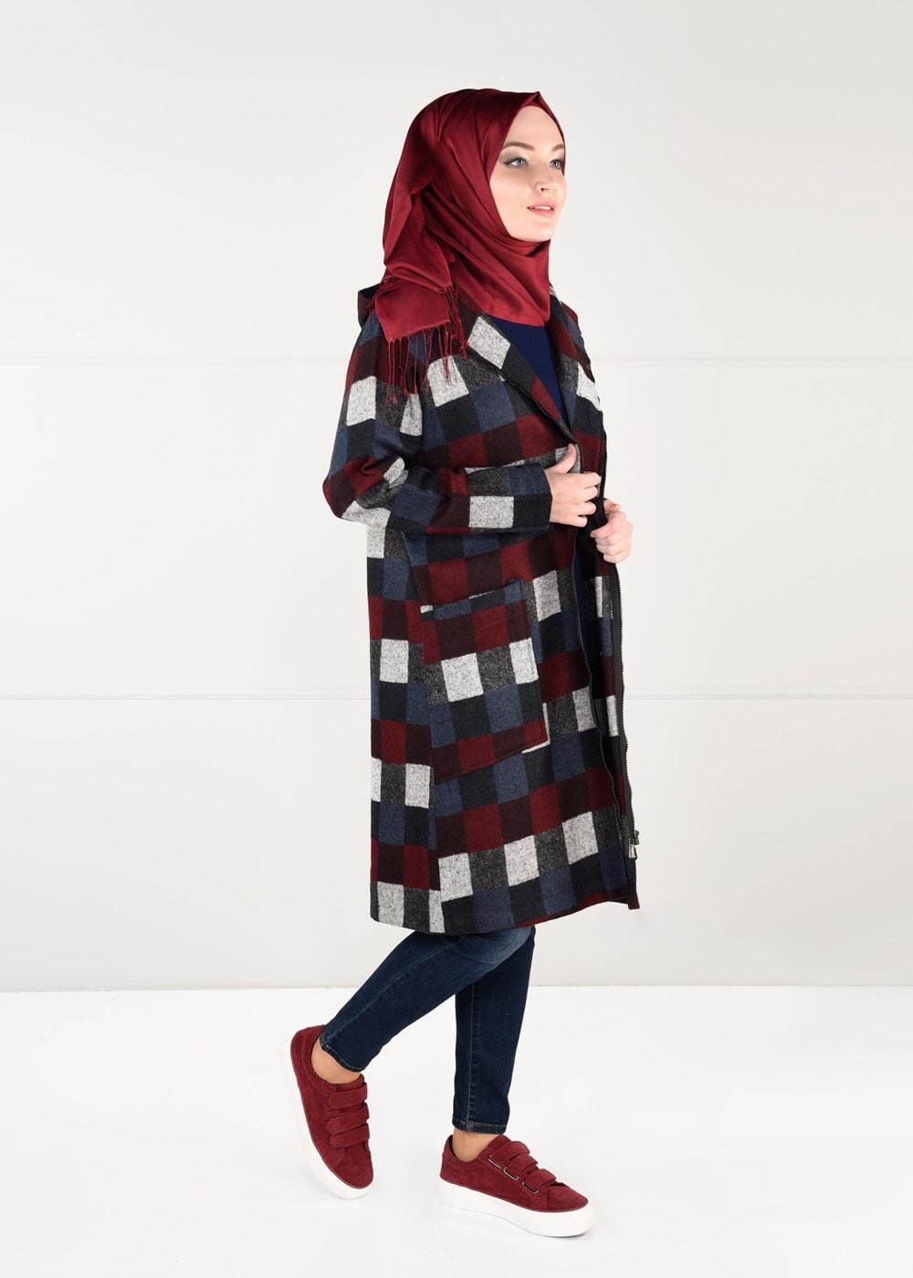 Tesettür giyim LACİVERT ÇOK RENKLİ KARELİ TRENÇKOT 5451