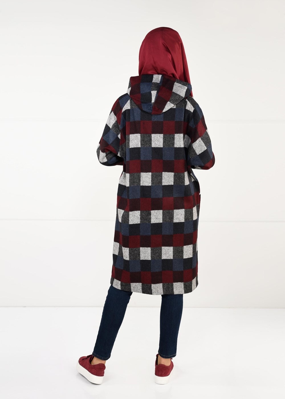 Tesettür giyim LACİVERT ÇOK RENKLİ KARELİ TRENÇKOT 5451