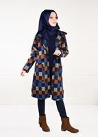 Tesettür giyim LACİVERT ÇOK RENKLİ KARELİ TRENÇKOT 5451