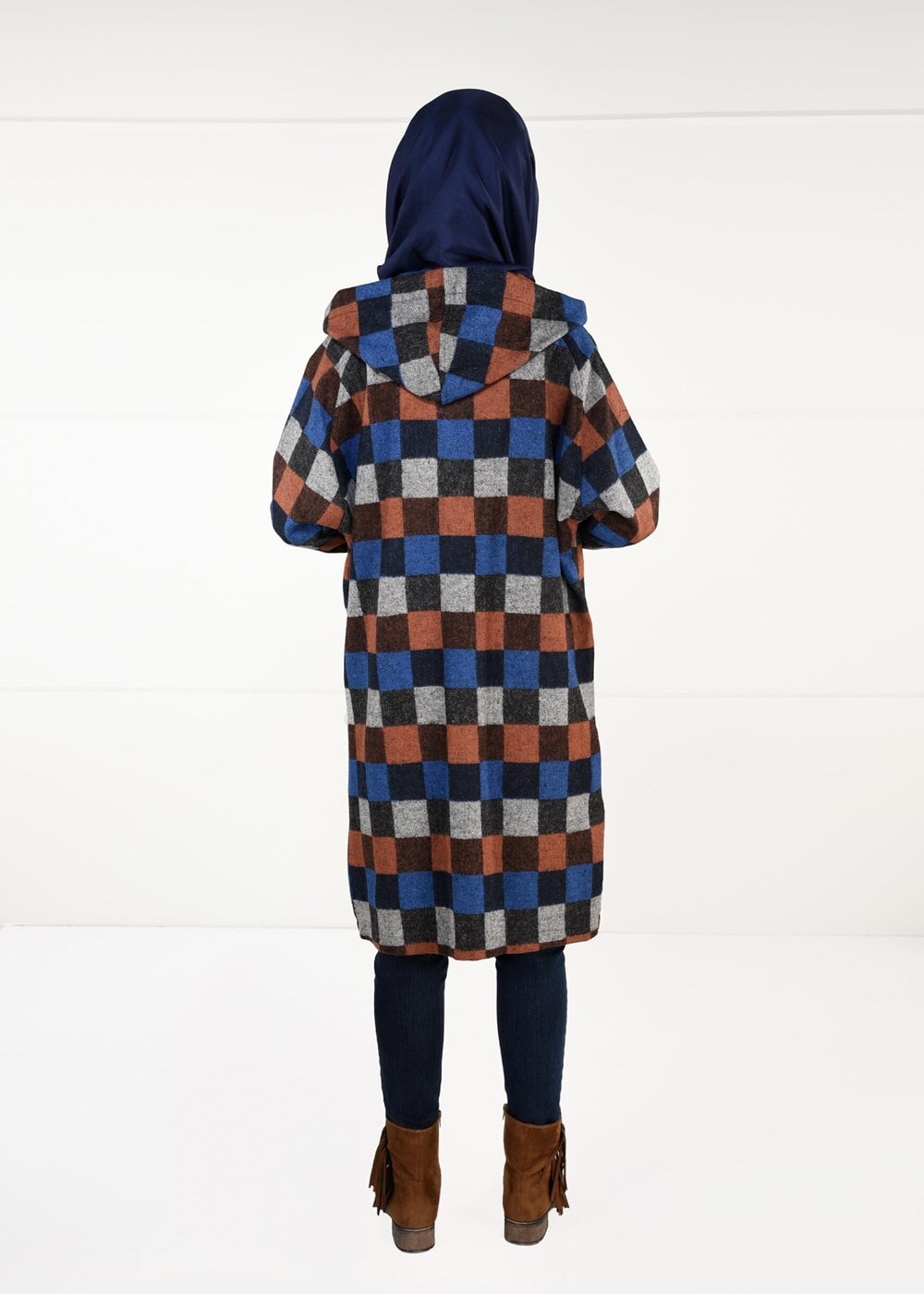 Tesettür giyim LACİVERT ÇOK RENKLİ KARELİ TRENÇKOT 5451