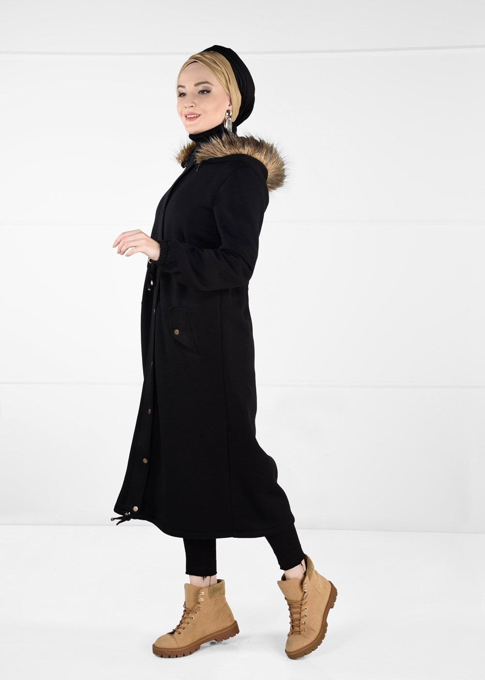 Hijab clothing BLACK FAUX-FUR-TRIM HOODED TOPCOAT 6351 