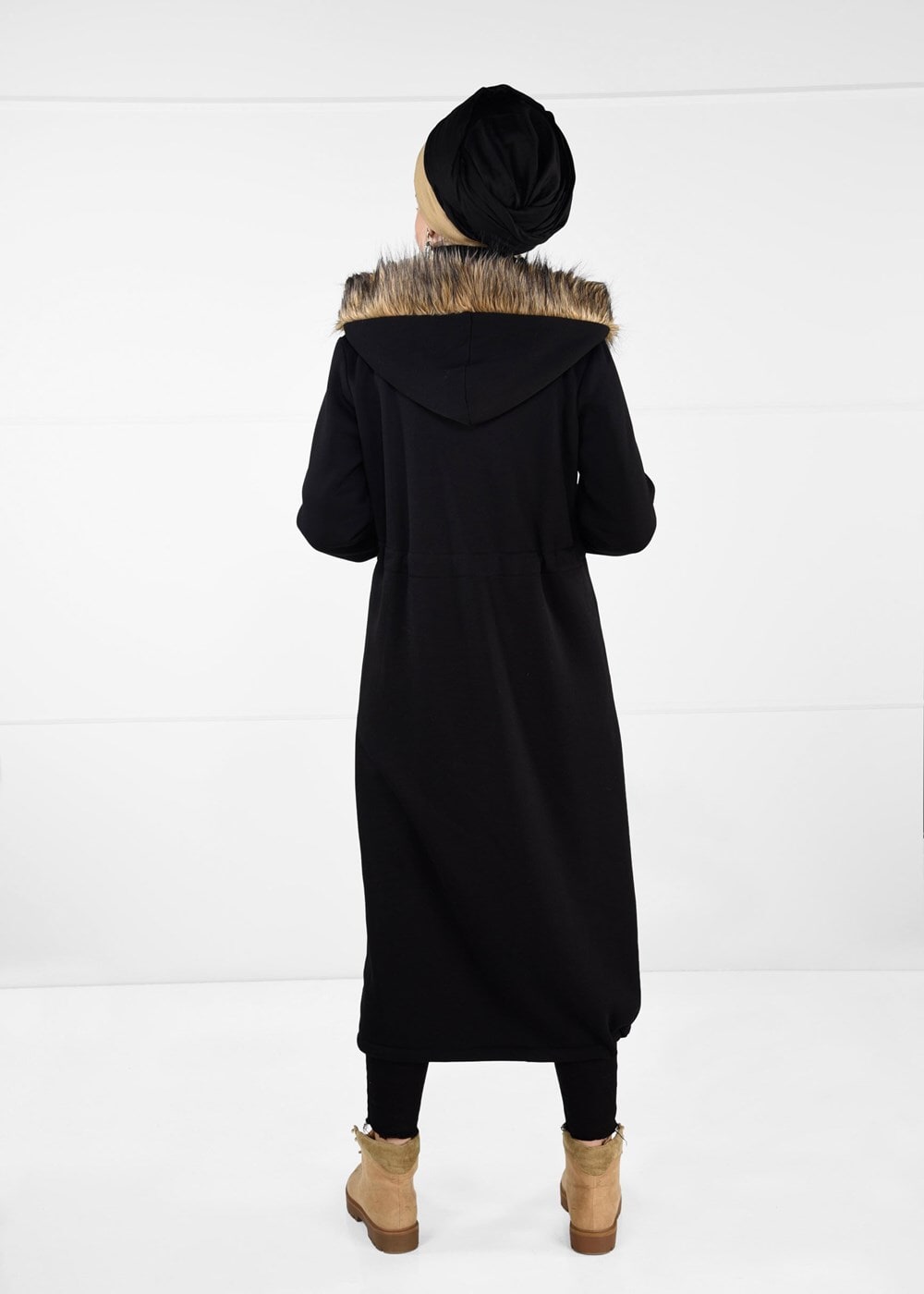Hijab clothing BLACK FAUX-FUR-TRIM HOODED TOPCOAT 6351 