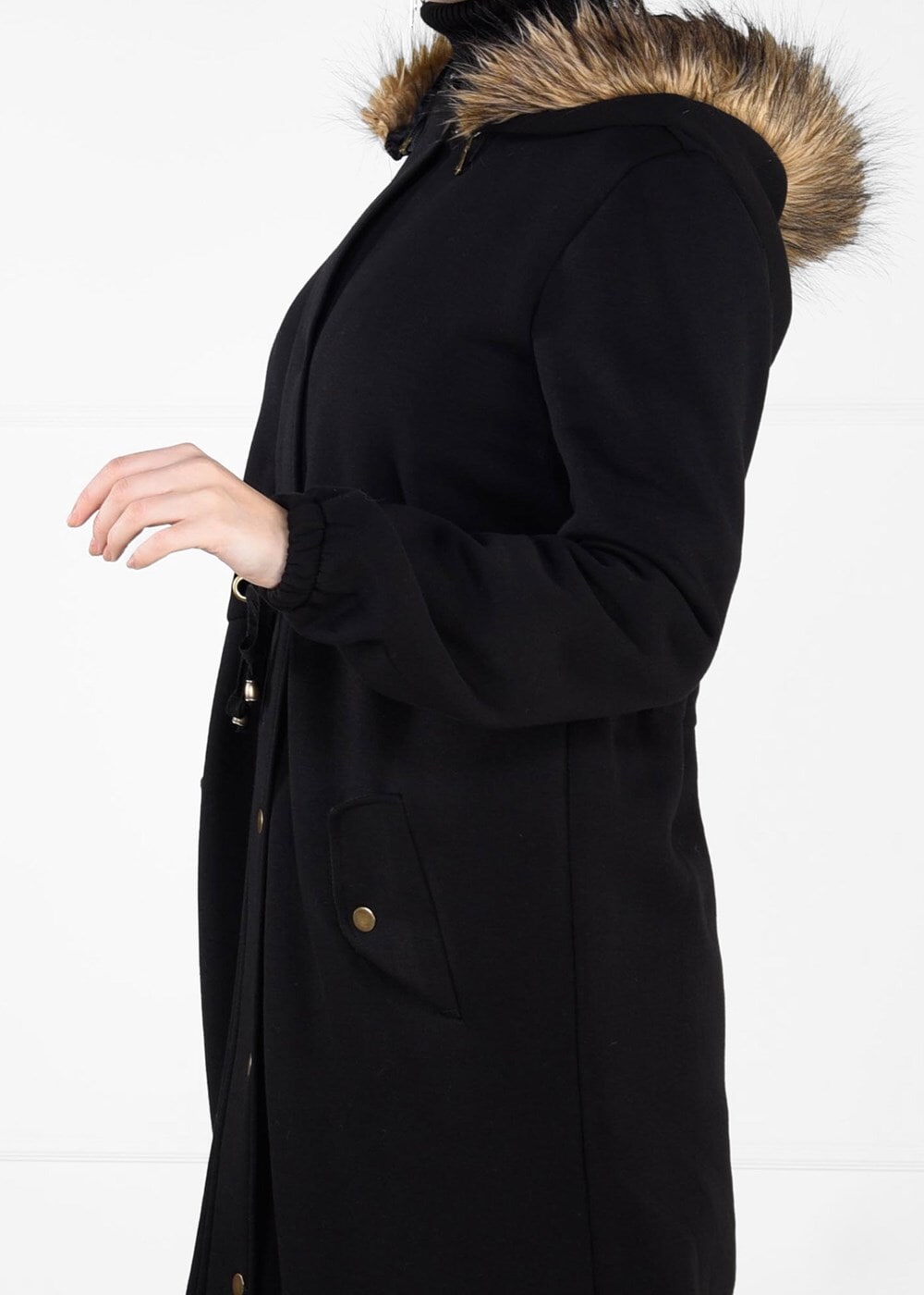 Hijab clothing BLACK FAUX-FUR-TRIM HOODED TOPCOAT 6351 