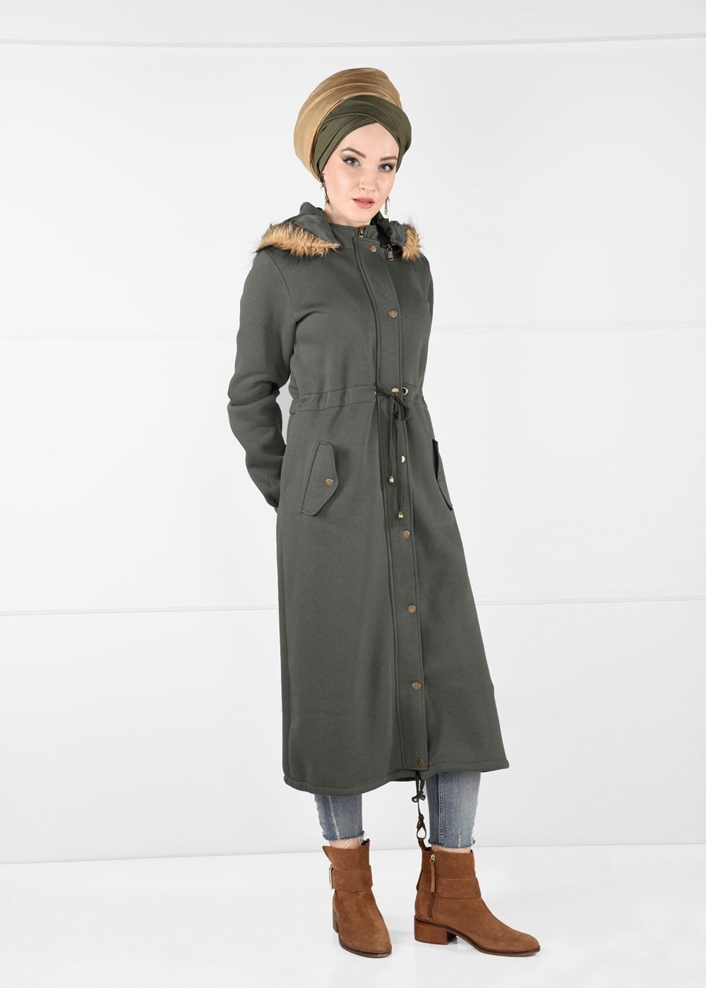 Hijab clothing KHAKI FAUX-FUR-TRIM HOODED TOPCOAT 6351 